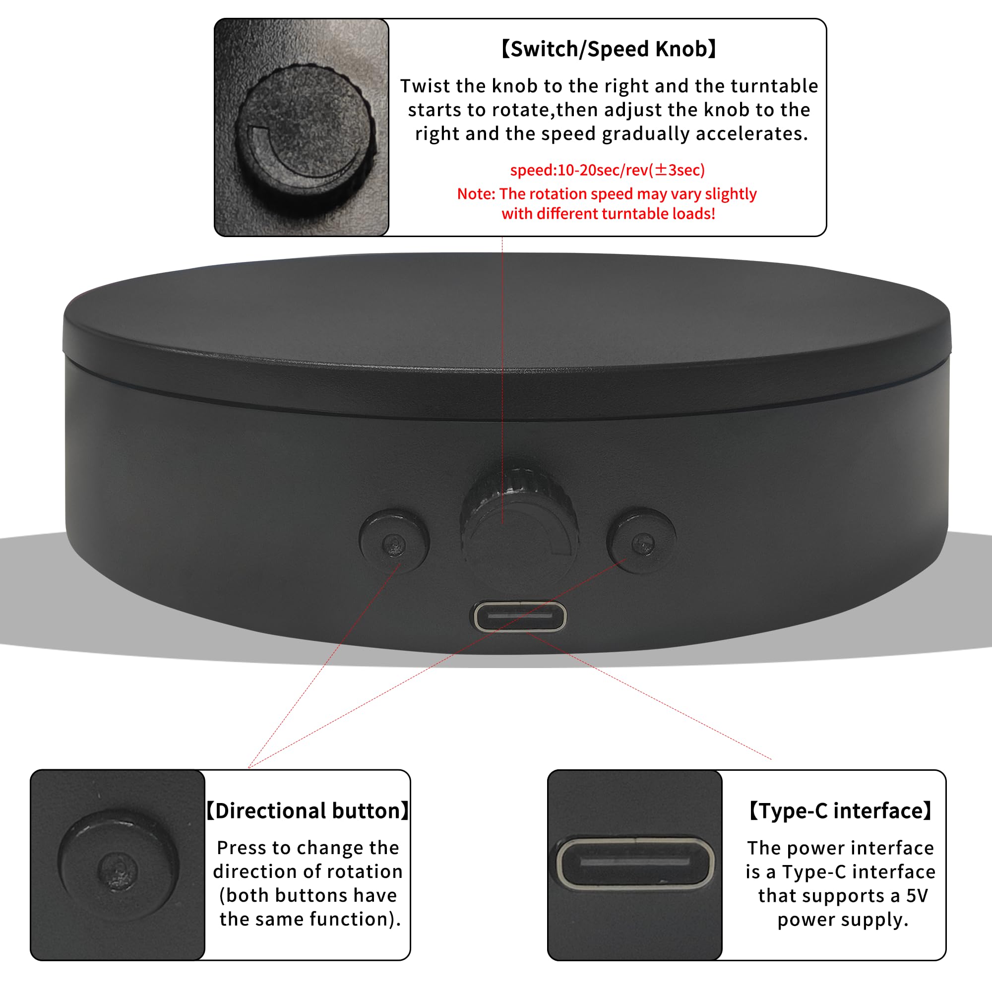ComXim rotating display stand control panel close-up highlights adjustable speed and reversible direction.