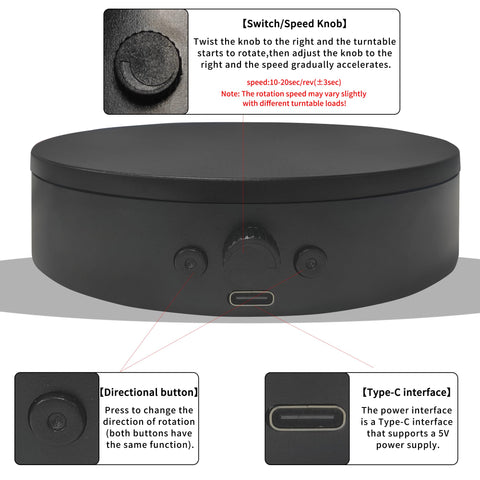 ComXim rotating display stand control panel close-up highlights adjustable speed and reversible direction.