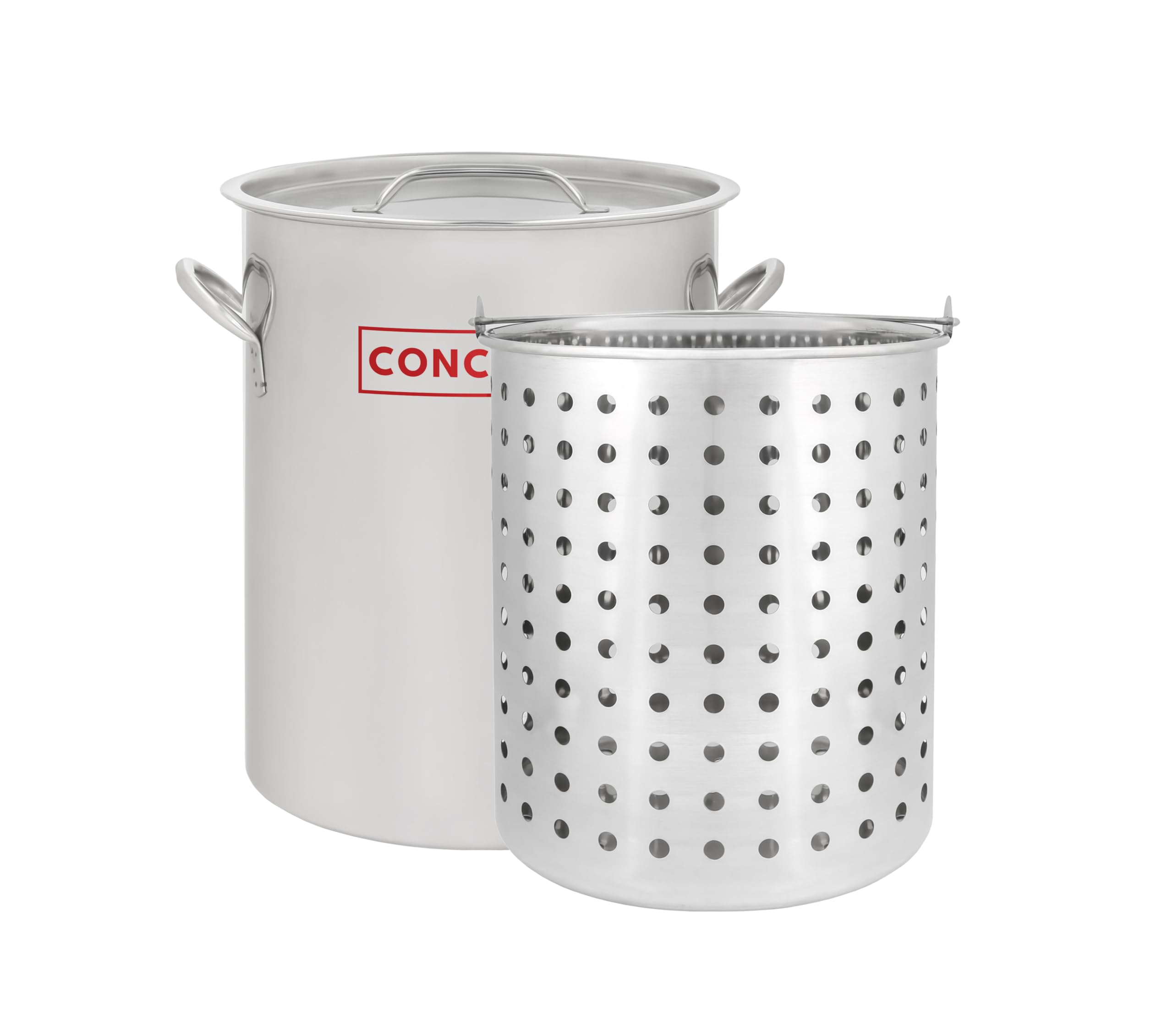 Concord 42qt stock pot with basket and lid for large-batch cooking.