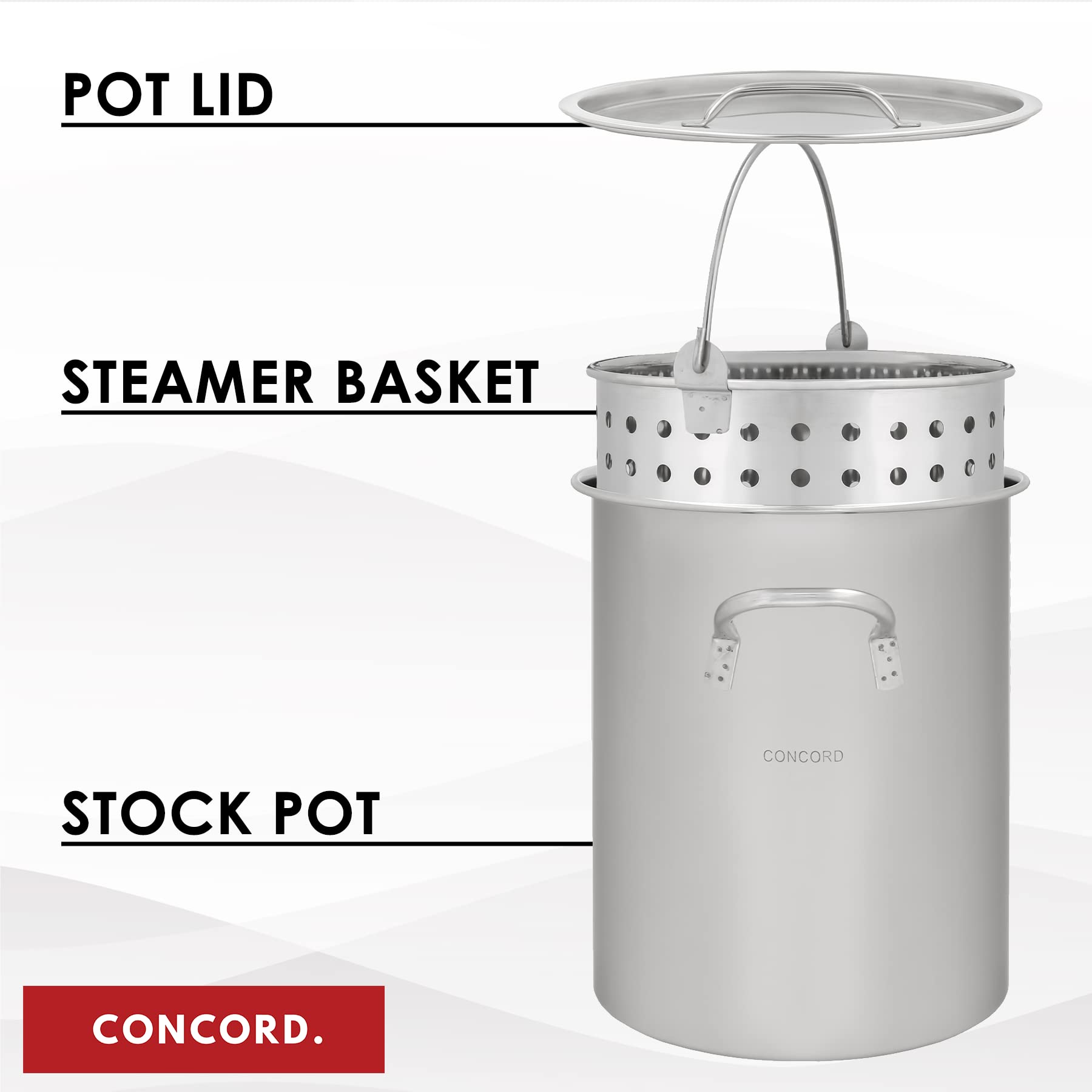 Concord full stainless steel stock pot with polished finish for durability.
