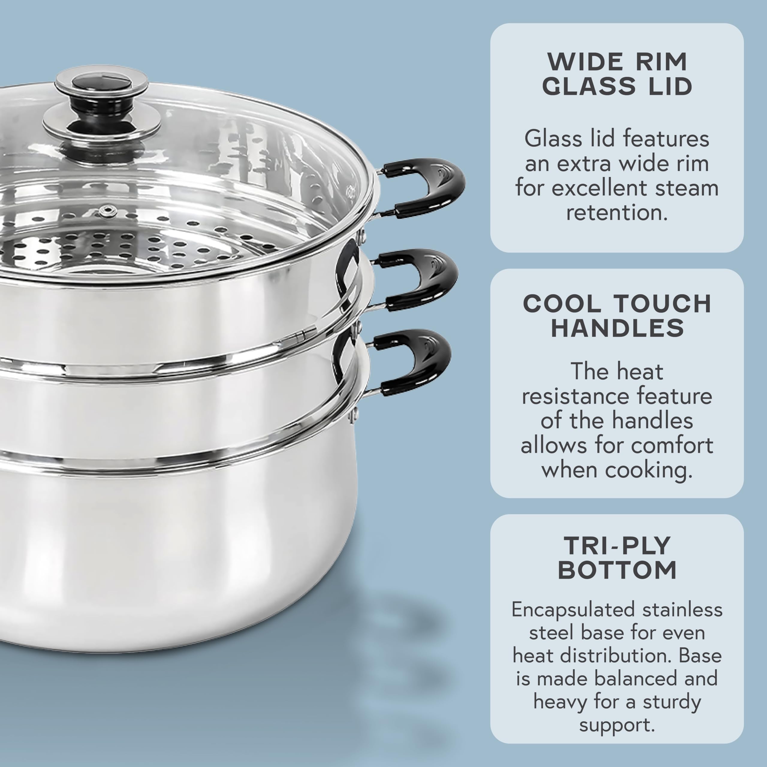 Concord steamer showing interchangeable trays for versatile steaming options.