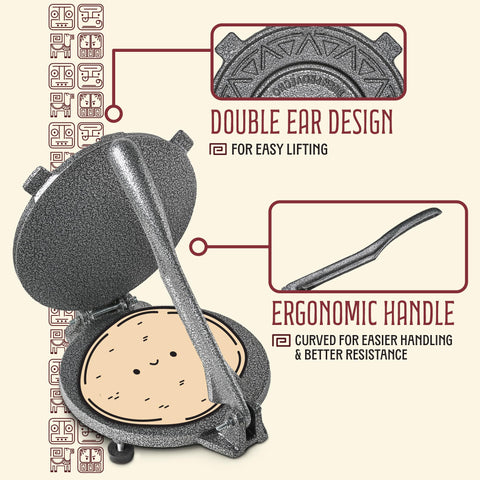 Concord tortilla press artwork features Aztec and Mayan calendar inspired design