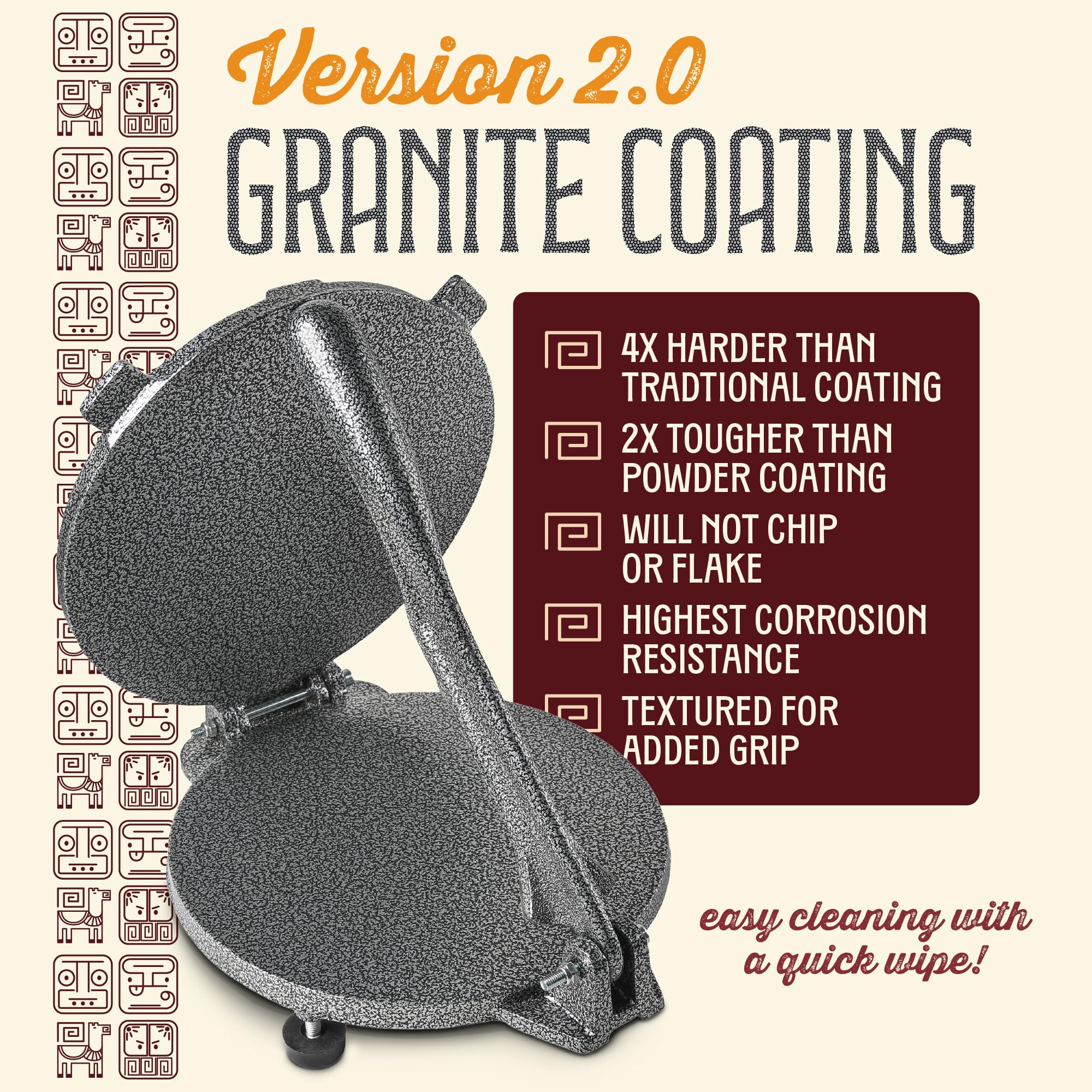 Concord tortilla press granite coating closeup shows scratch and chip resistance
