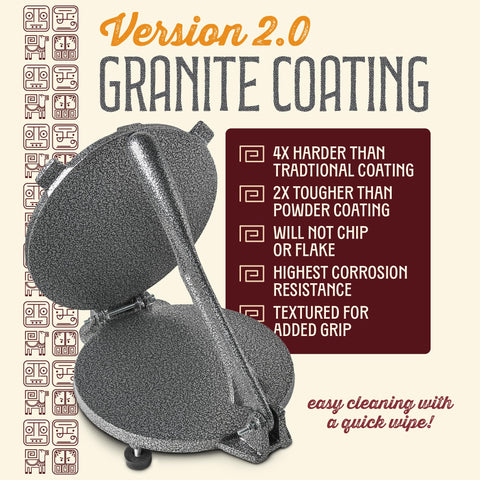 Concord tortilla press granite coating closeup shows scratch and chip resistance