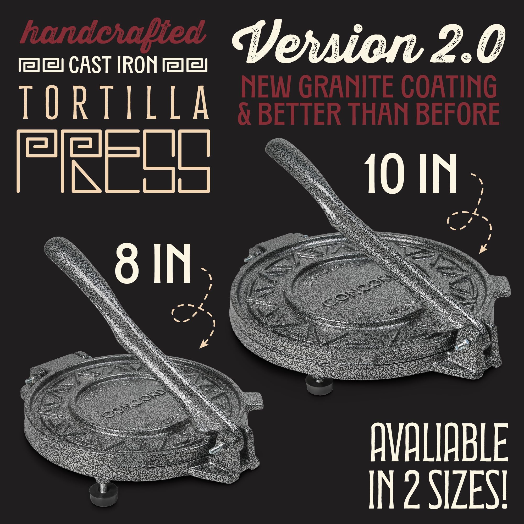 Concord tortilla press side view highlights sturdy construction for frequent home use