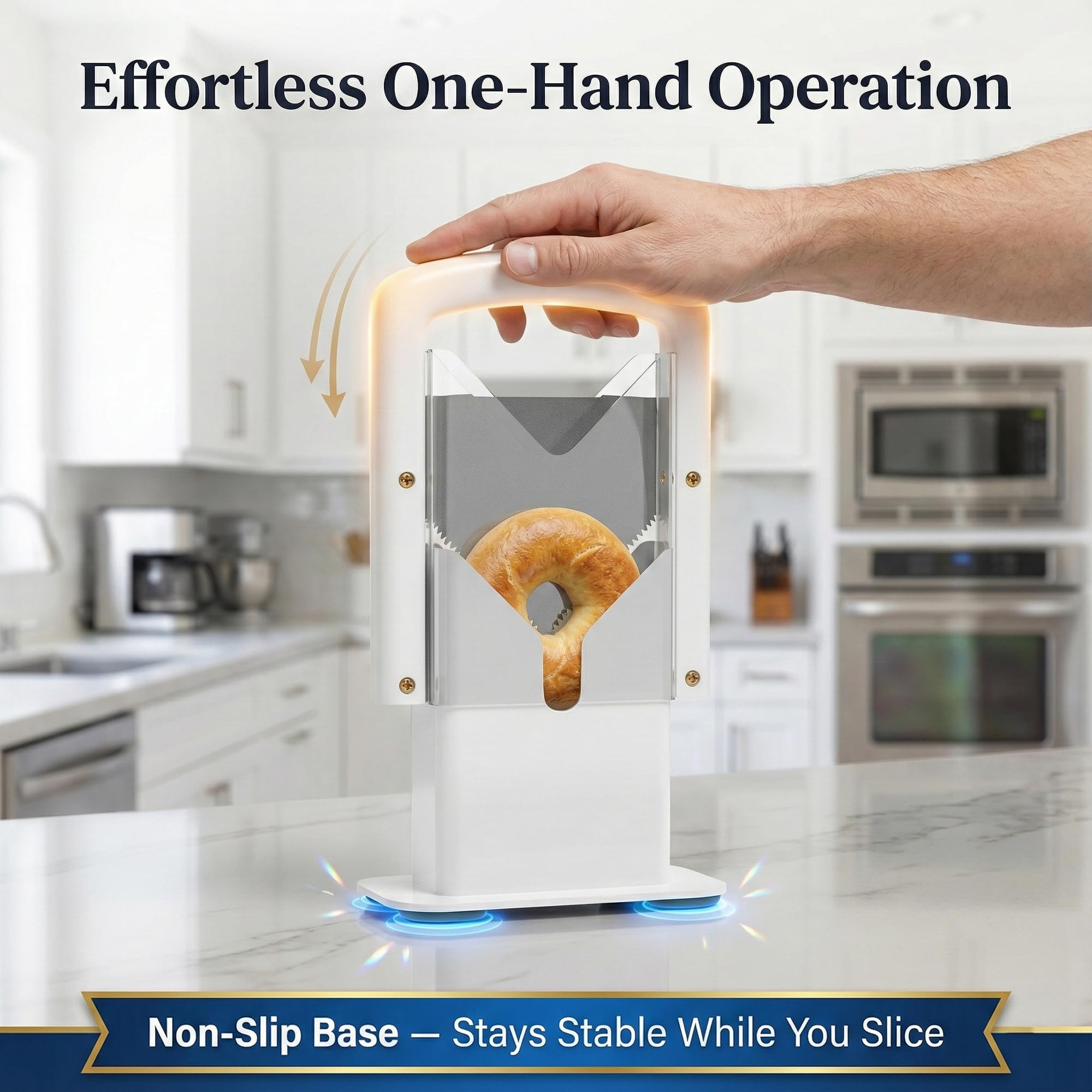 Concy bagel-slicer-crumb-tray catches mess for easy cleanup.