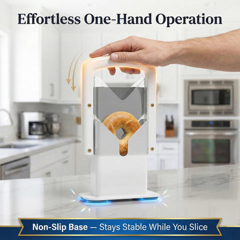 Concy bagel-slicer-crumb-tray catches mess for easy cleanup.