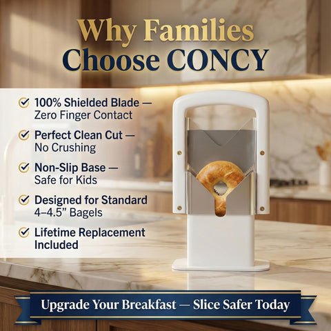 Concy bagel-slicer-lifetime-guarantee communicates durable product and support.