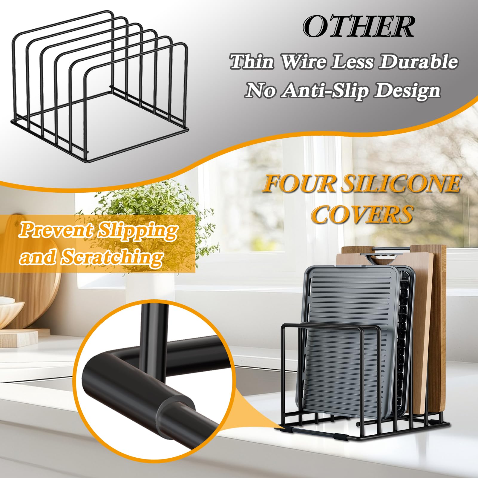 Coneyaro holds bakeware, lids, and serving platters with stable spacing.