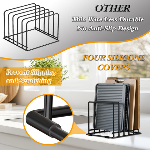 Coneyaro holds bakeware, lids, and serving platters with stable spacing.