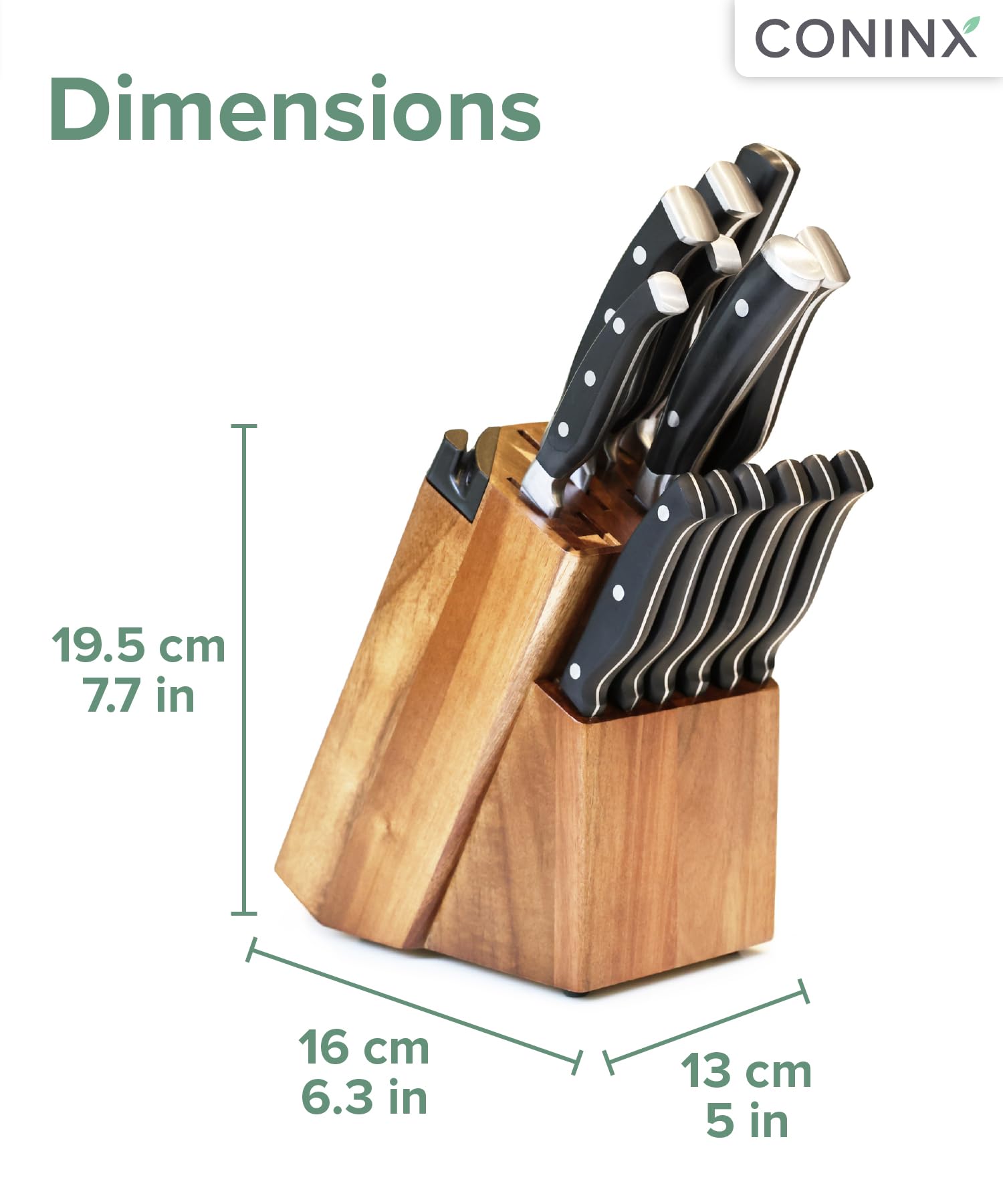 Acacia wood knife block from Coninx with non-slip base for stability