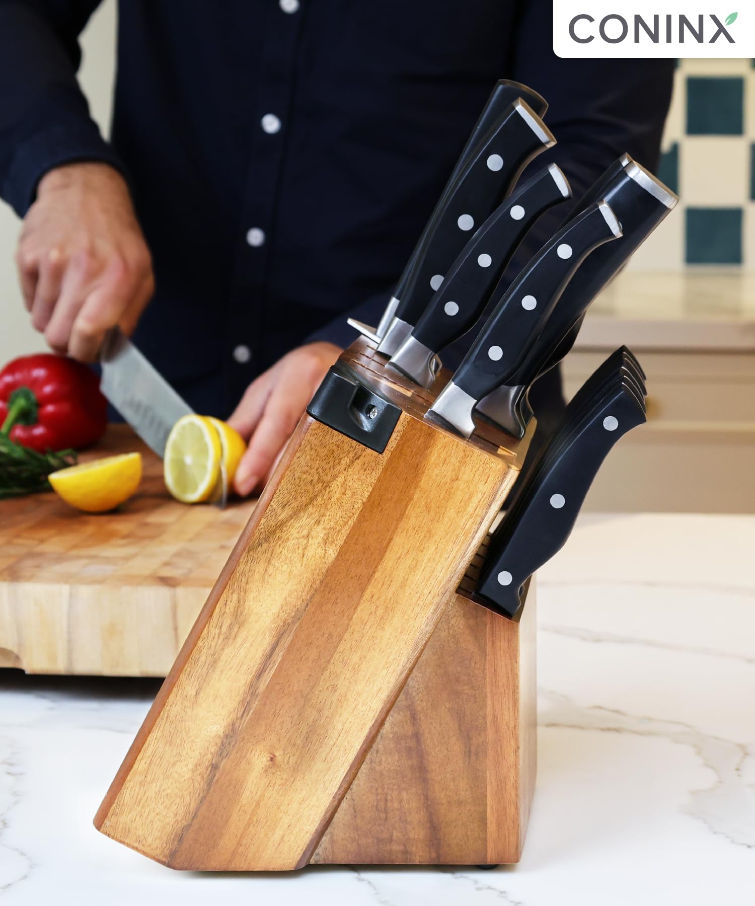 Durable acacia wood construction resists wear and cleans easily