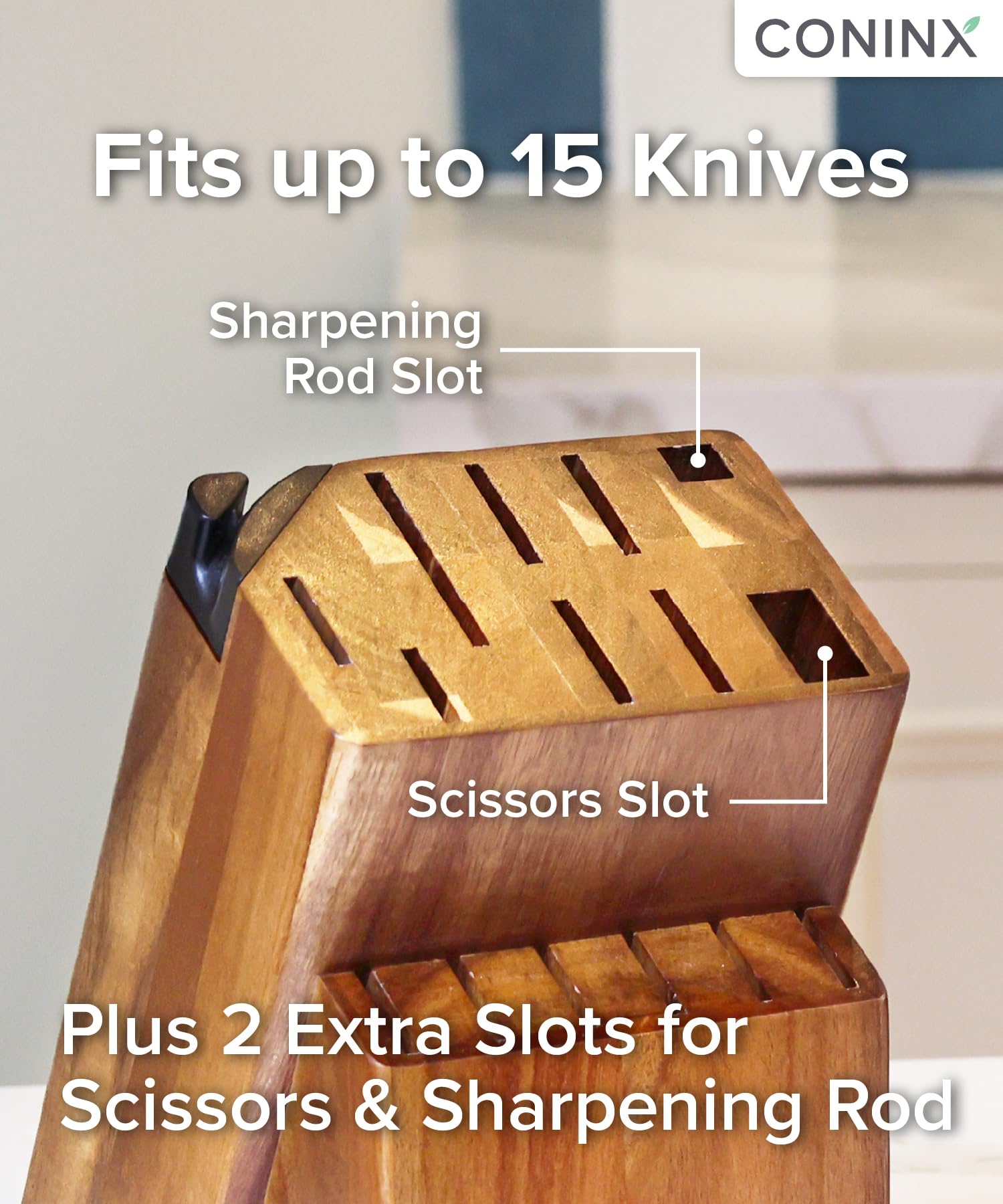 Coninx 15-slot block holds chef, bread, steak knives and scissors
