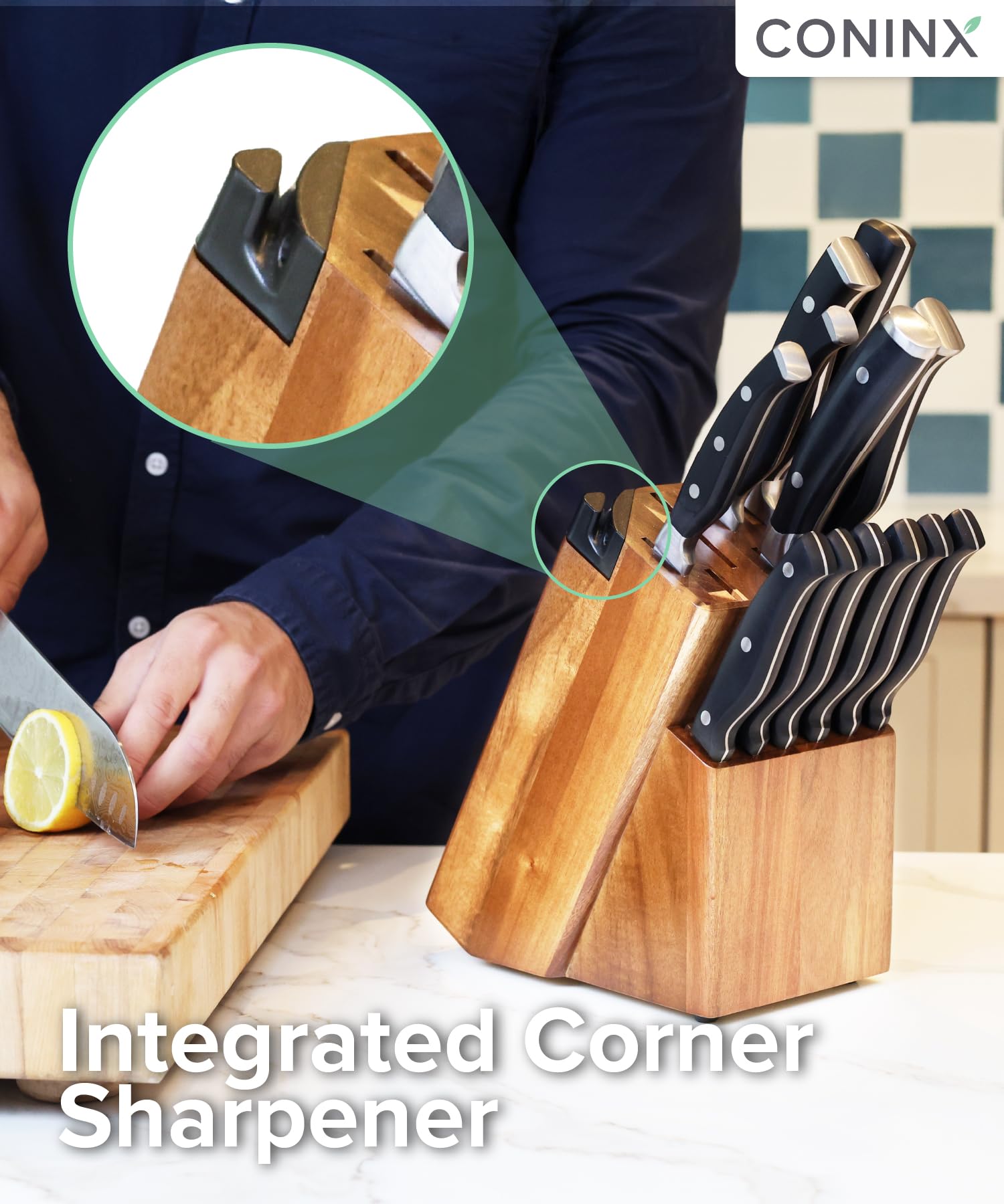 Built-in sharpener in the Coninx knife block reduces clutter