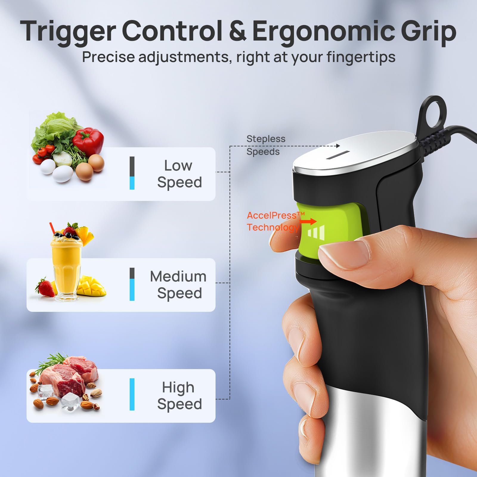 Consciot AccelPress trigger control enables smooth speed adjustments.