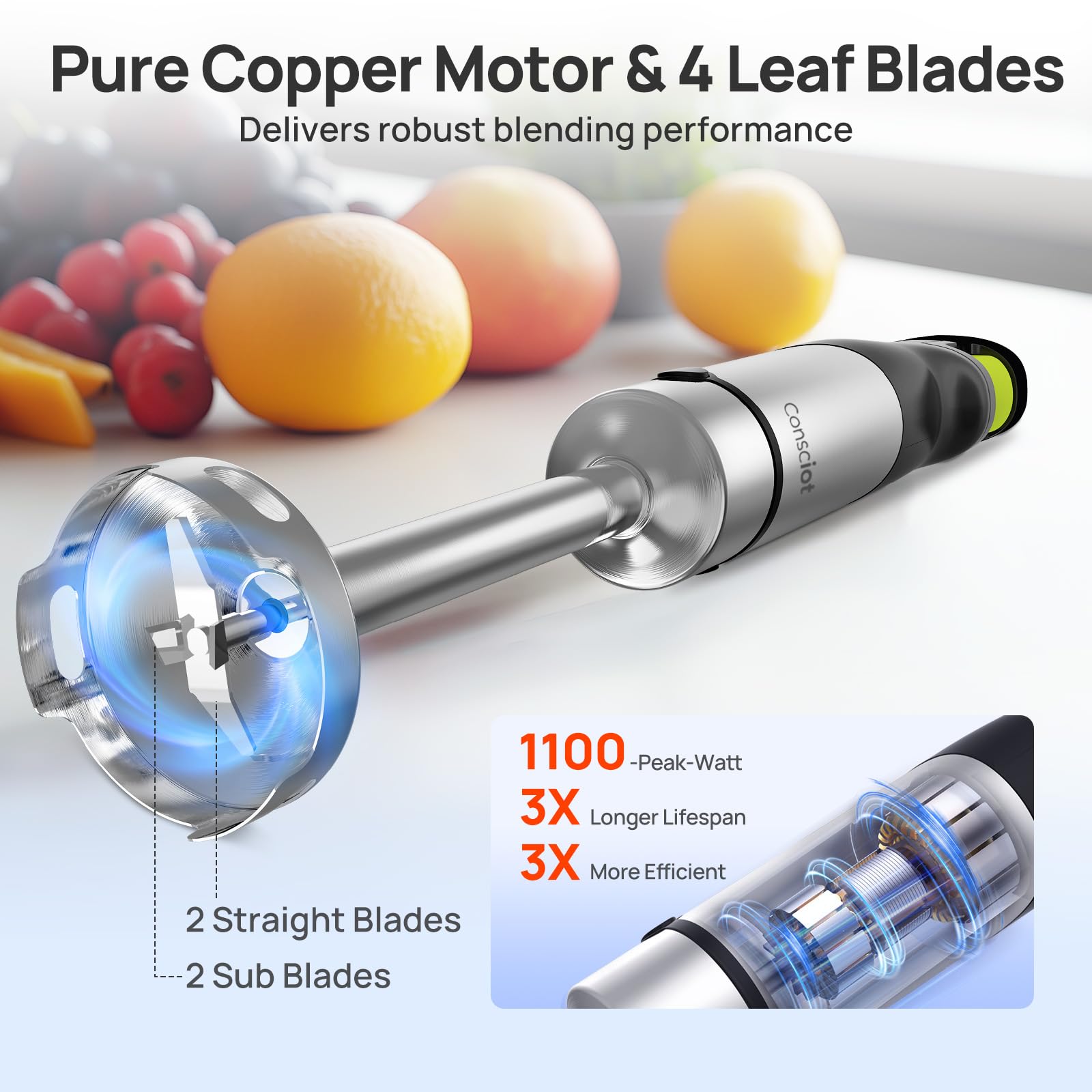 Consciot copper motor provides powerful blending for fast results.