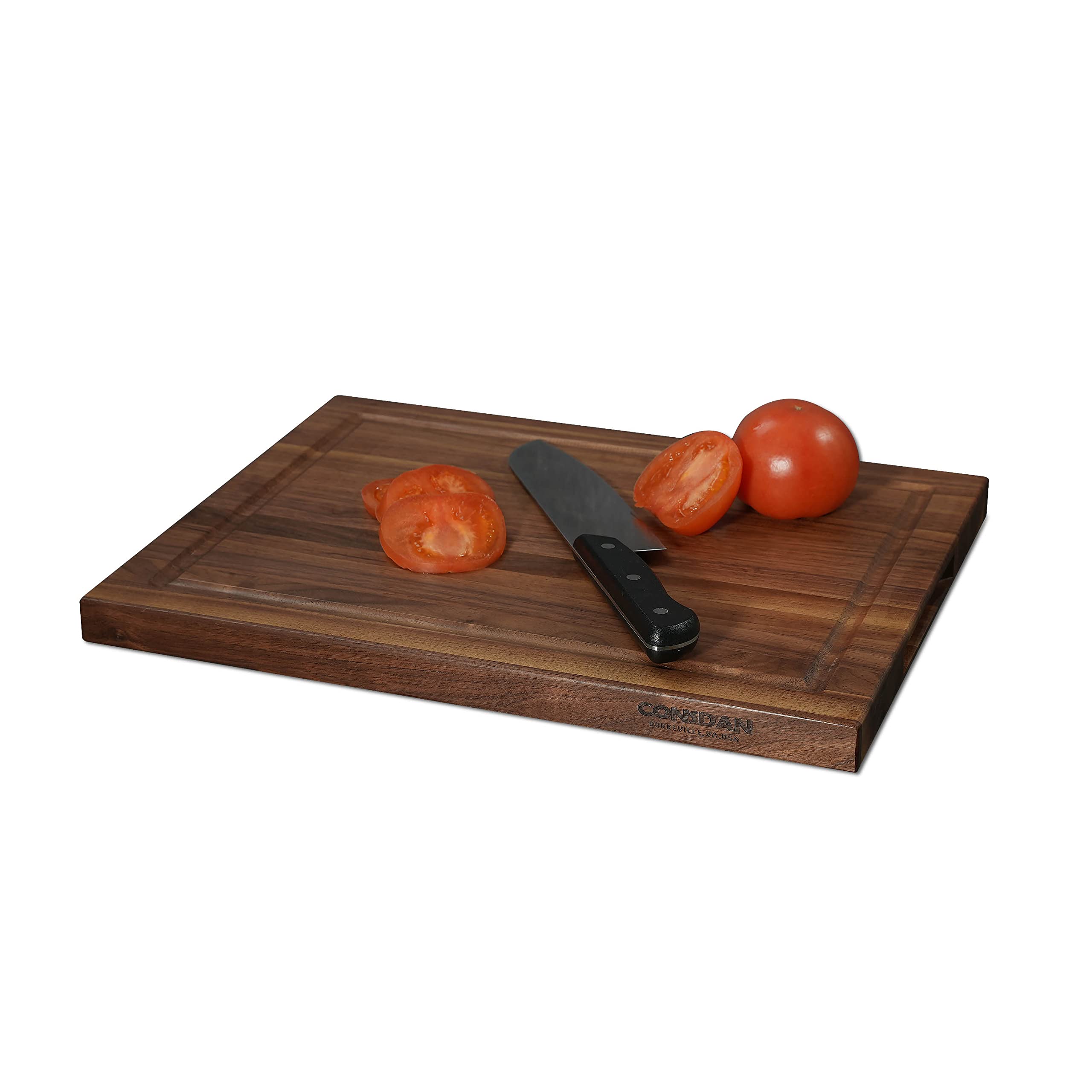 CONSDAN Black Walnut Cutting Board juice groove captures liquids to protect counters.
