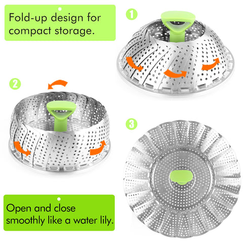 Consevisen Vegetable Steamer Basket expanded to 10 inches for larger pots.