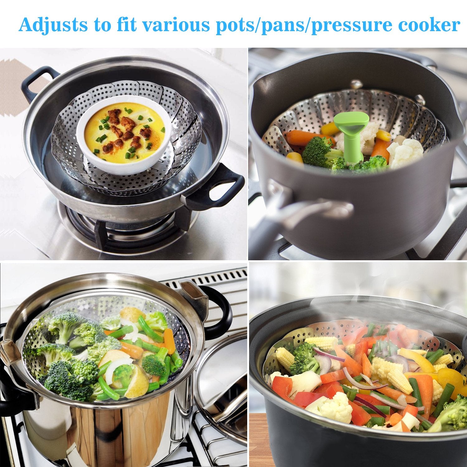 Consevisen Vegetable Steamer Basket with folding legs for stable placement.
