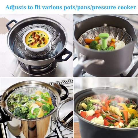 Consevisen Vegetable Steamer Basket with folding legs for stable placement.