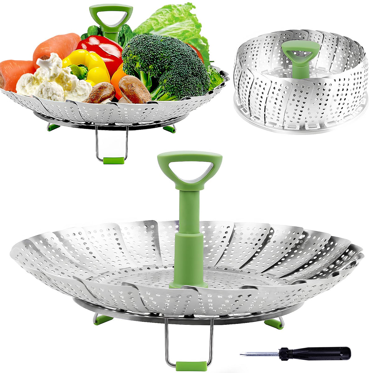 Consevisen Vegetable Steamer Basket with extended handle for safe lifting.