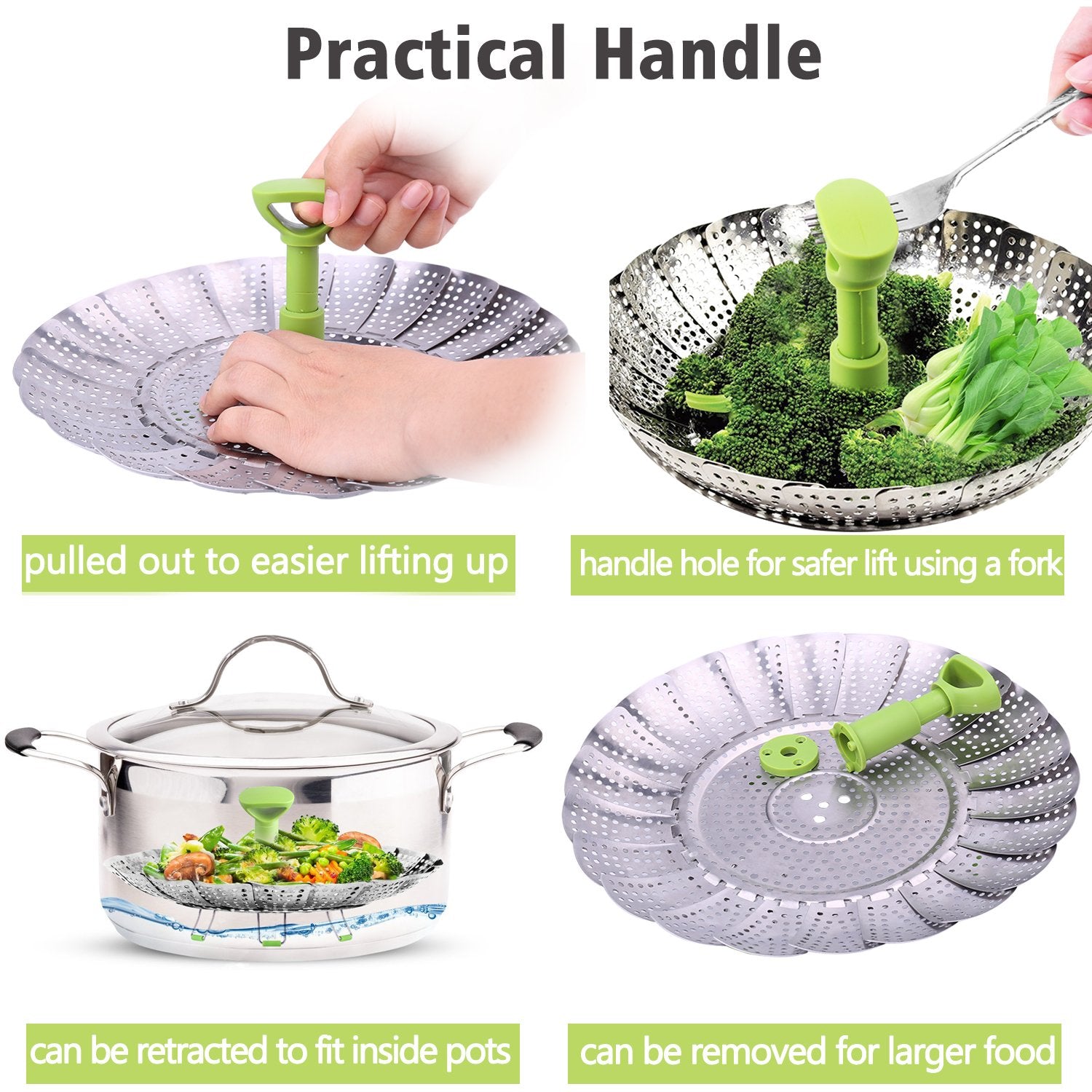 Consevisen Vegetable Steamer Basket silicone feet protect cookware.