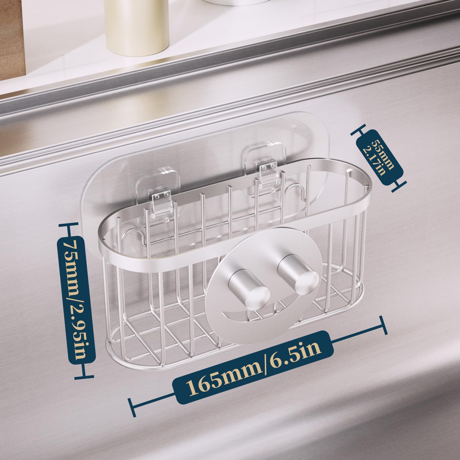 Consumest sink caddy with adhesive strips for stable installation.