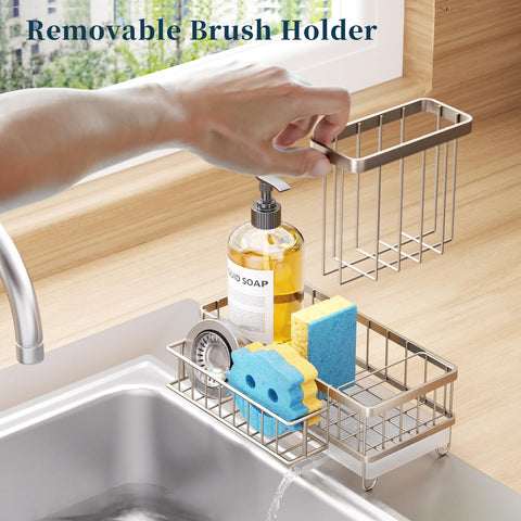 Consumest sink organizer provides generous storage for brushes and soap.