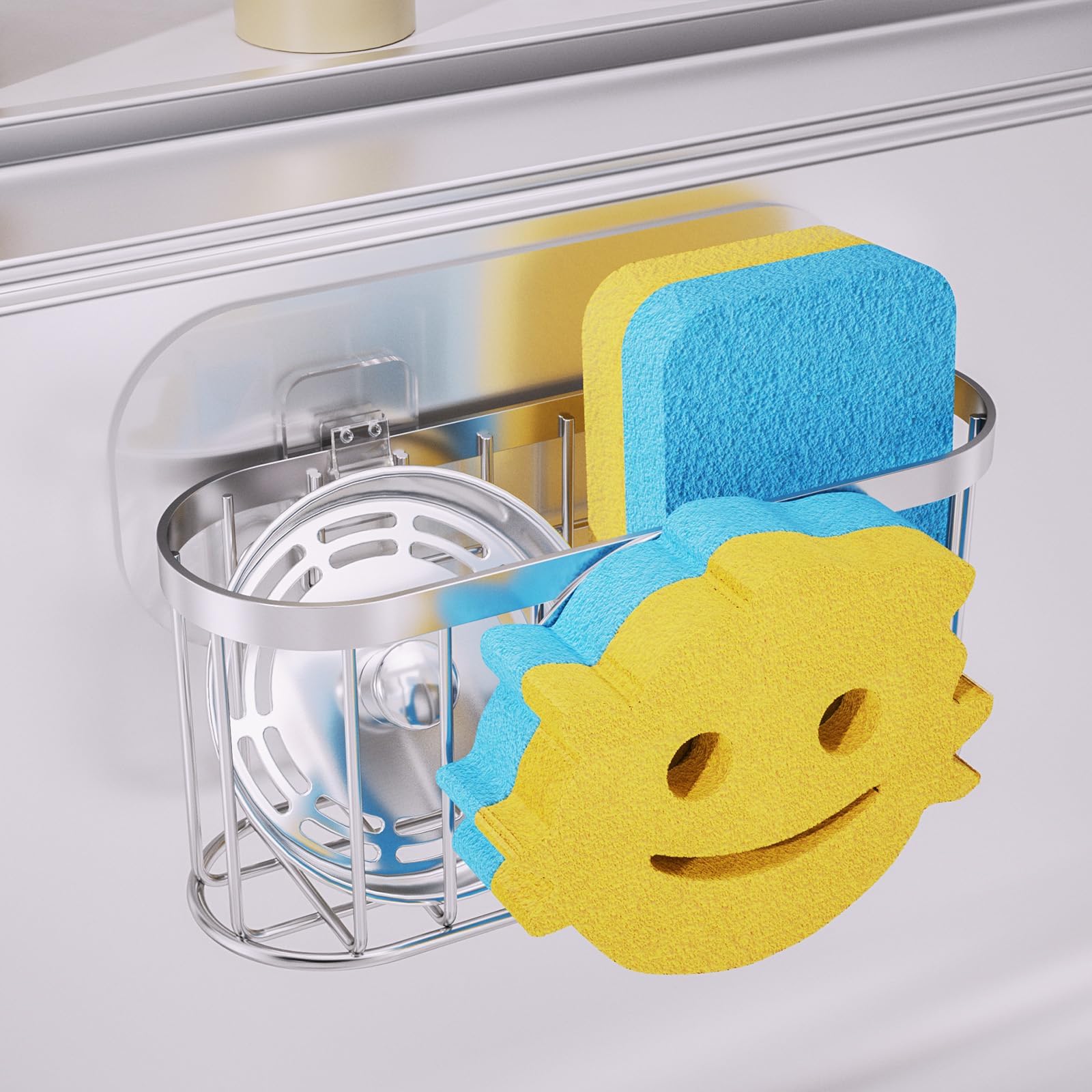 Consumest smiley-face sponge holder keeping sponges within reach at the sink.