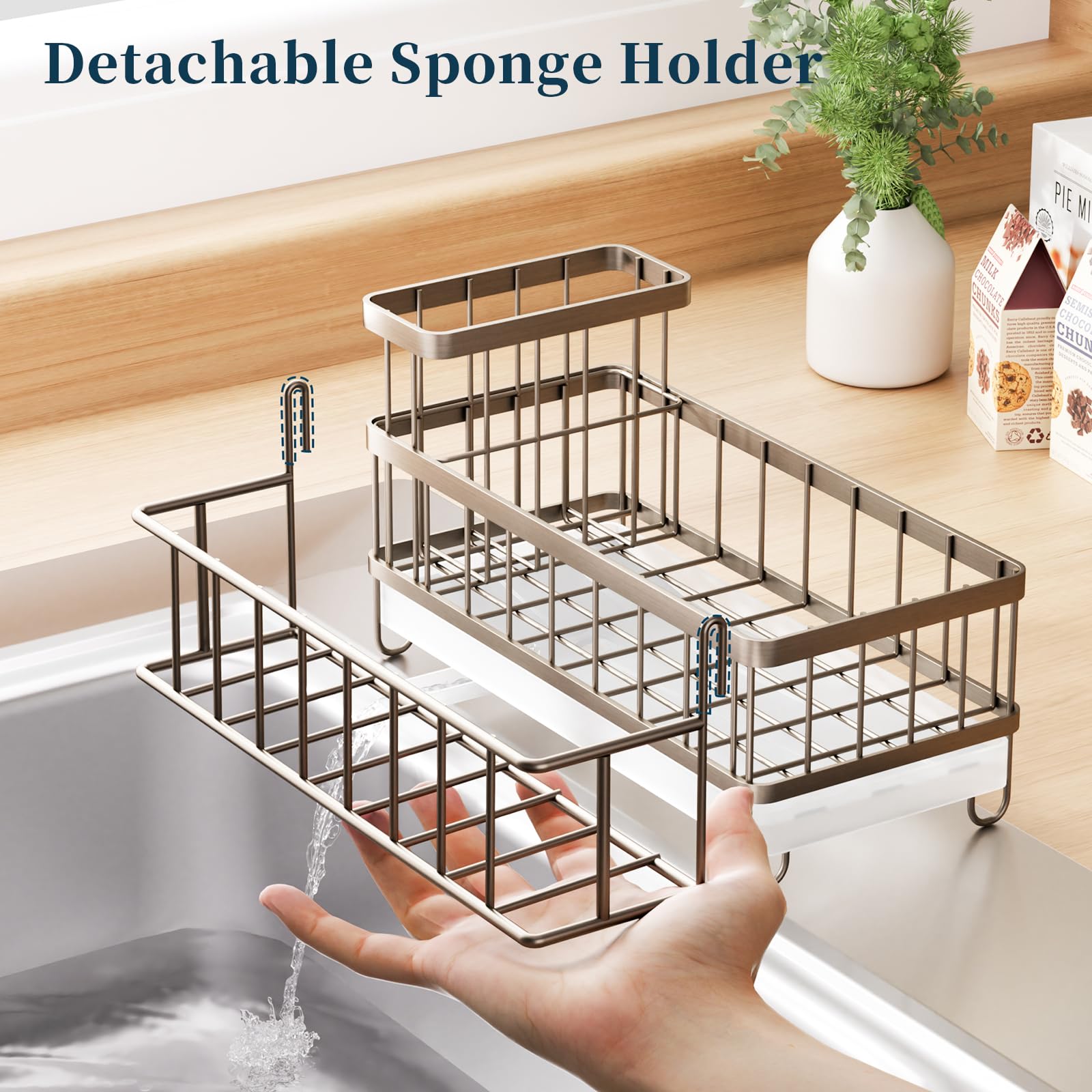 Consumest sponge caddy enables easy, tool-free installation near the faucet.