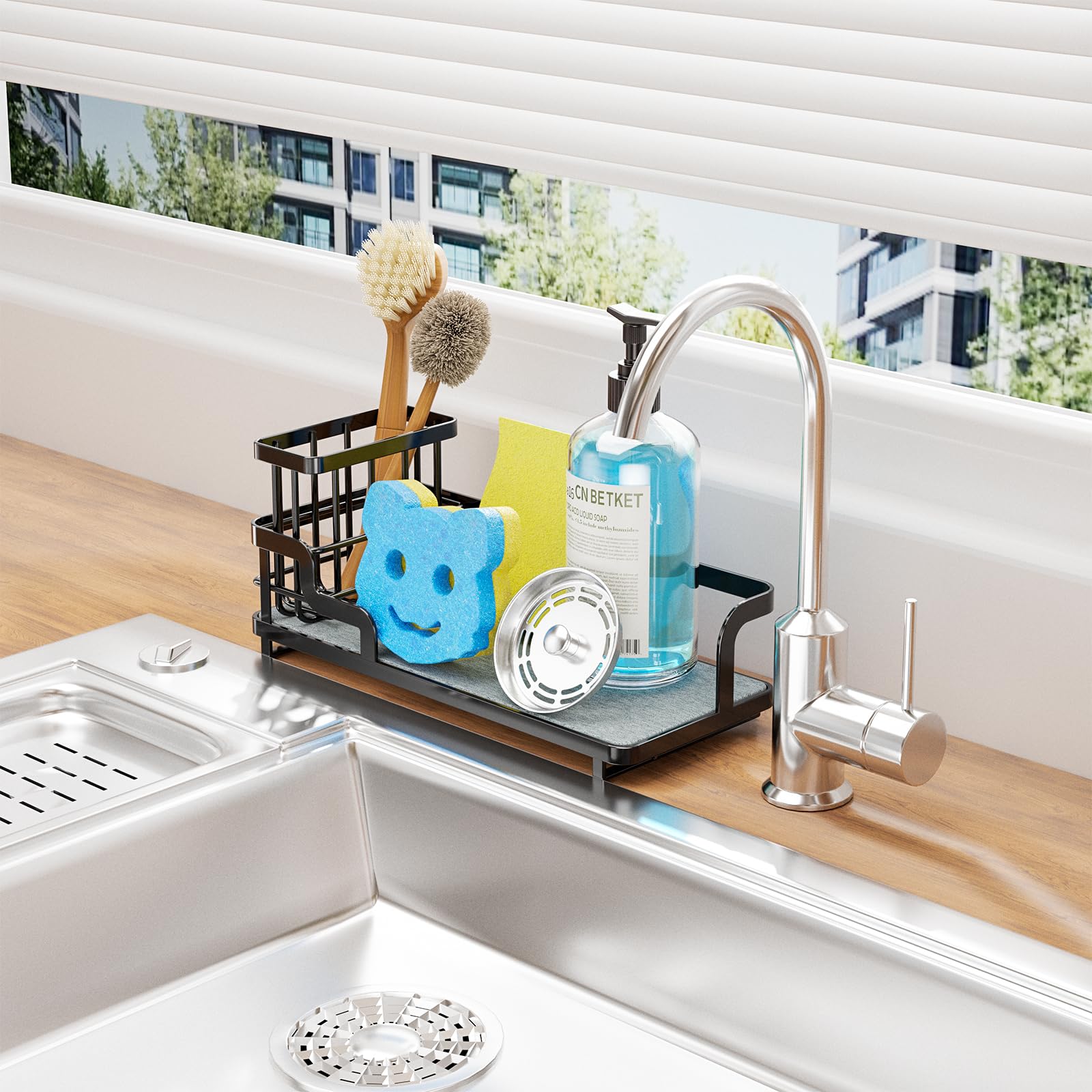 Consumest sponge holder behind the sink fits narrow spaces