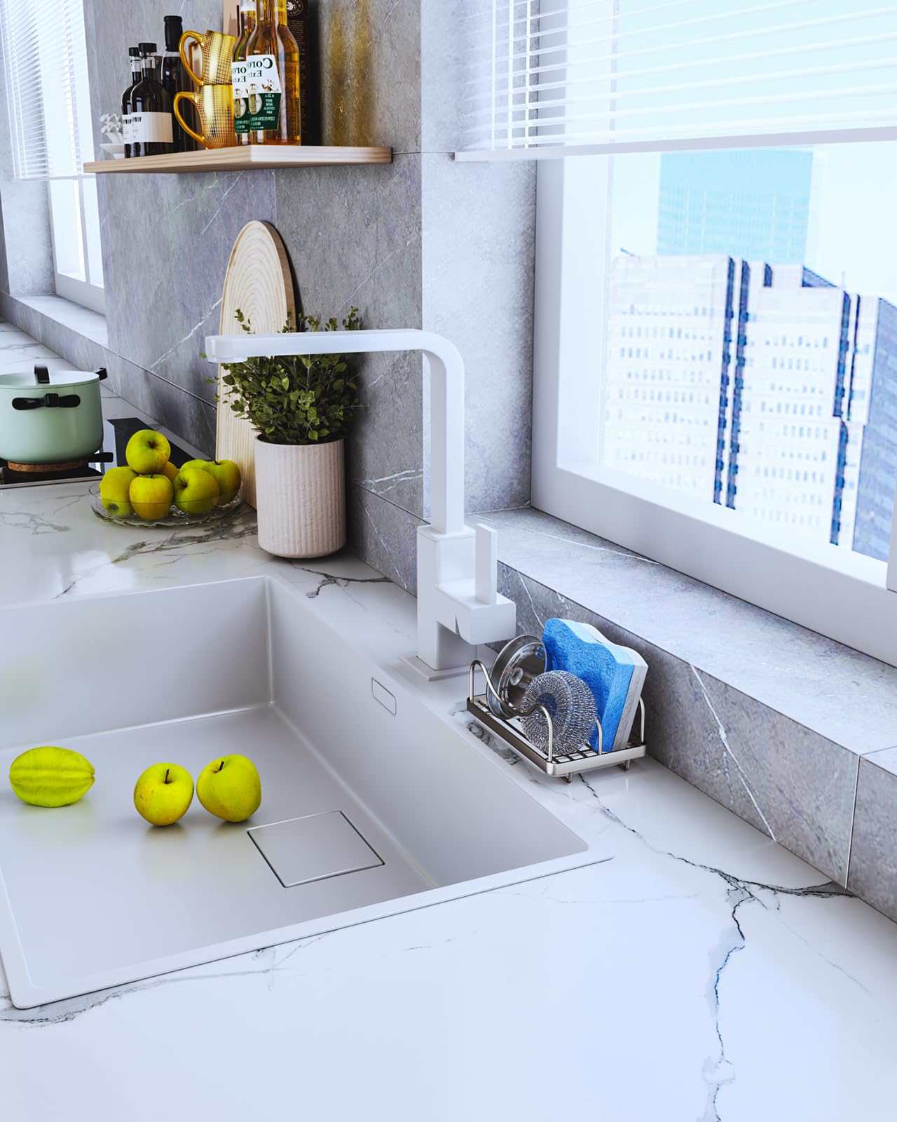 Consumest sponge holder near faucet maintains countertop organization and dryness.