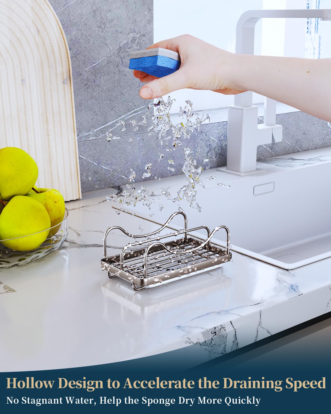 Consumest sponge holder with detachable drip tray reduces countertop mess and drips.