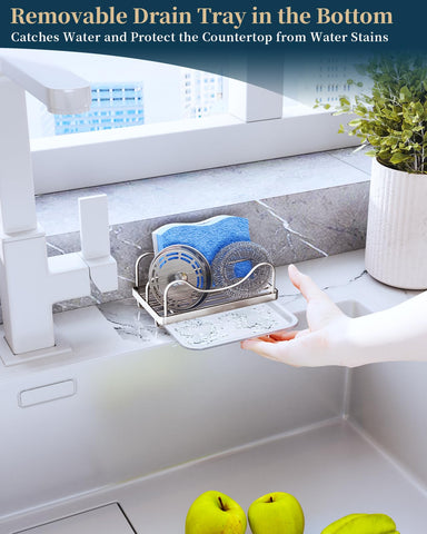 Consumest sponge holder with quick drainage near sink keeps sponge dry.