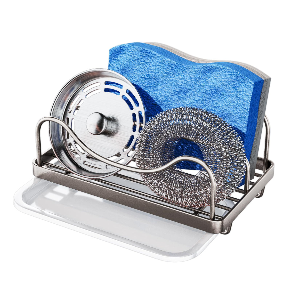 Consumest sponge holder front view keeps sink area organized and accessible.