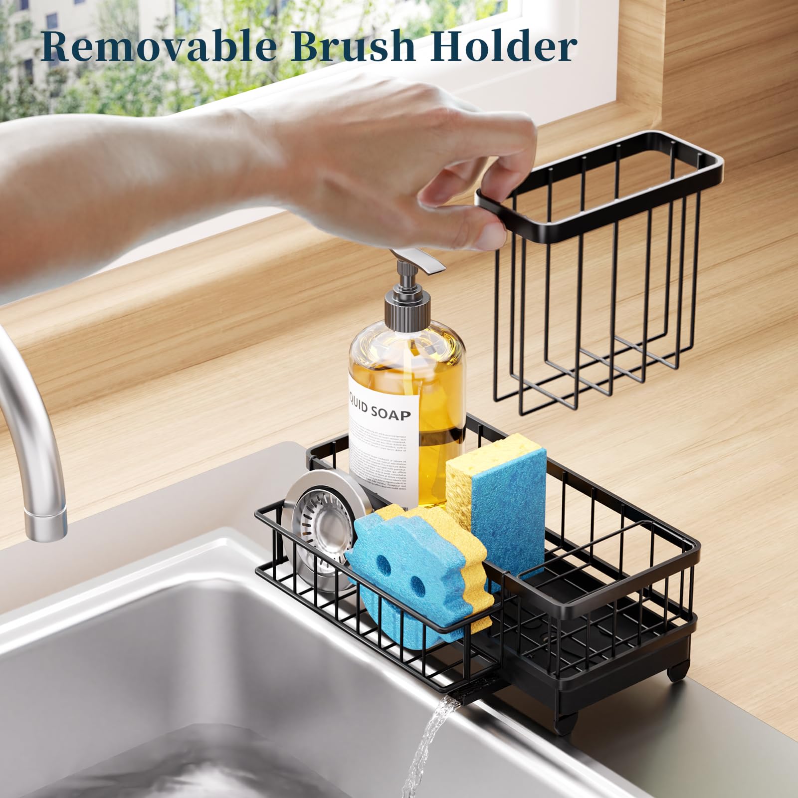 Consumest sponge holder offers generous storage for brushes and dish tools.