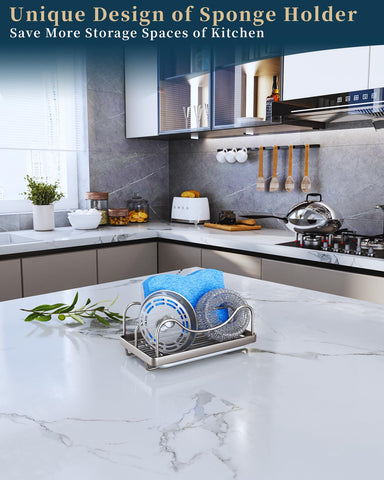 Consumest sponge holder M-shaped design for easy sponge access near the faucet.