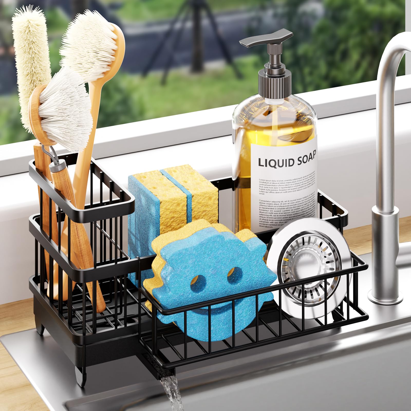 Consumest sponge holder with rotatable spout keeps sponges dry and sink area hygienic.