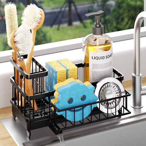 Consumest sponge holder with rotatable spout keeps sponges dry and sink area hygienic.