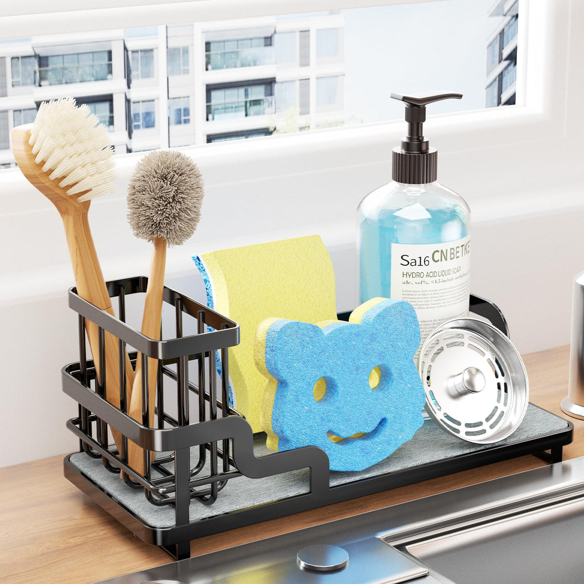 Consumest sponge holder with diatomite base for rapid drying at the sink
