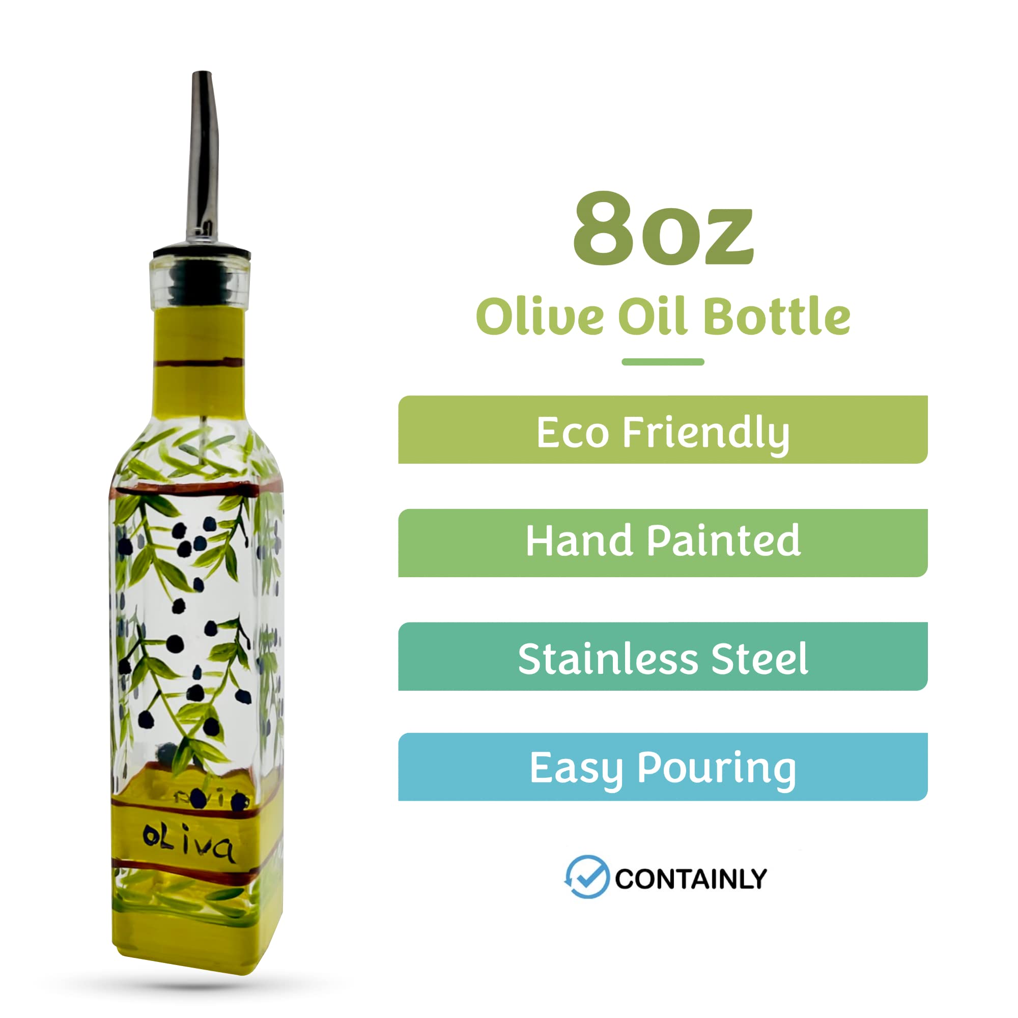 Containly glass oil and vinegar dispenser with stainless steel spout for drip-free pouring.