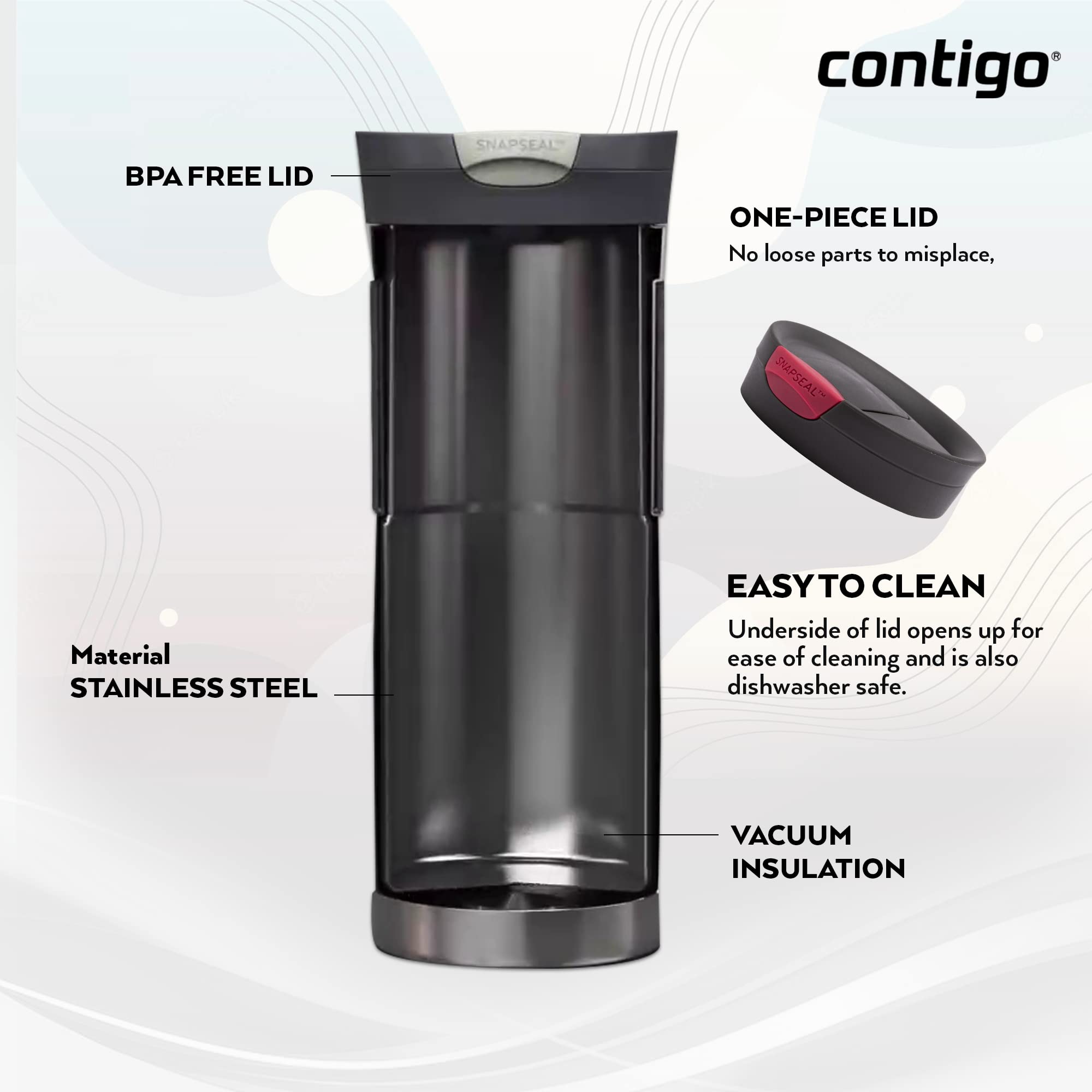 Contigo Byron SnapSeal lid close for reliable leak protection.