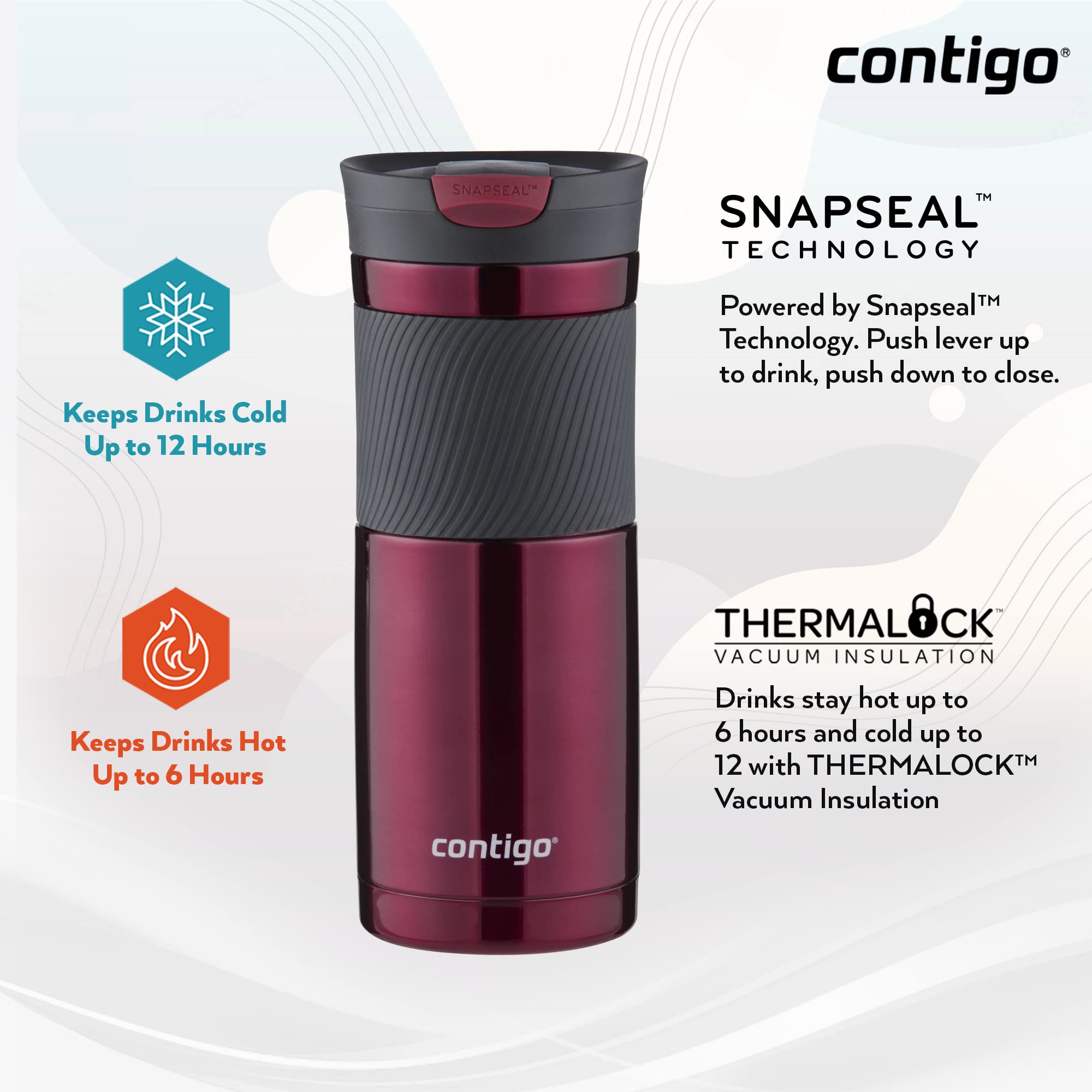 Contigo Byron Snapseal 590 ml mug keeps drinks hot or cold while commuting.