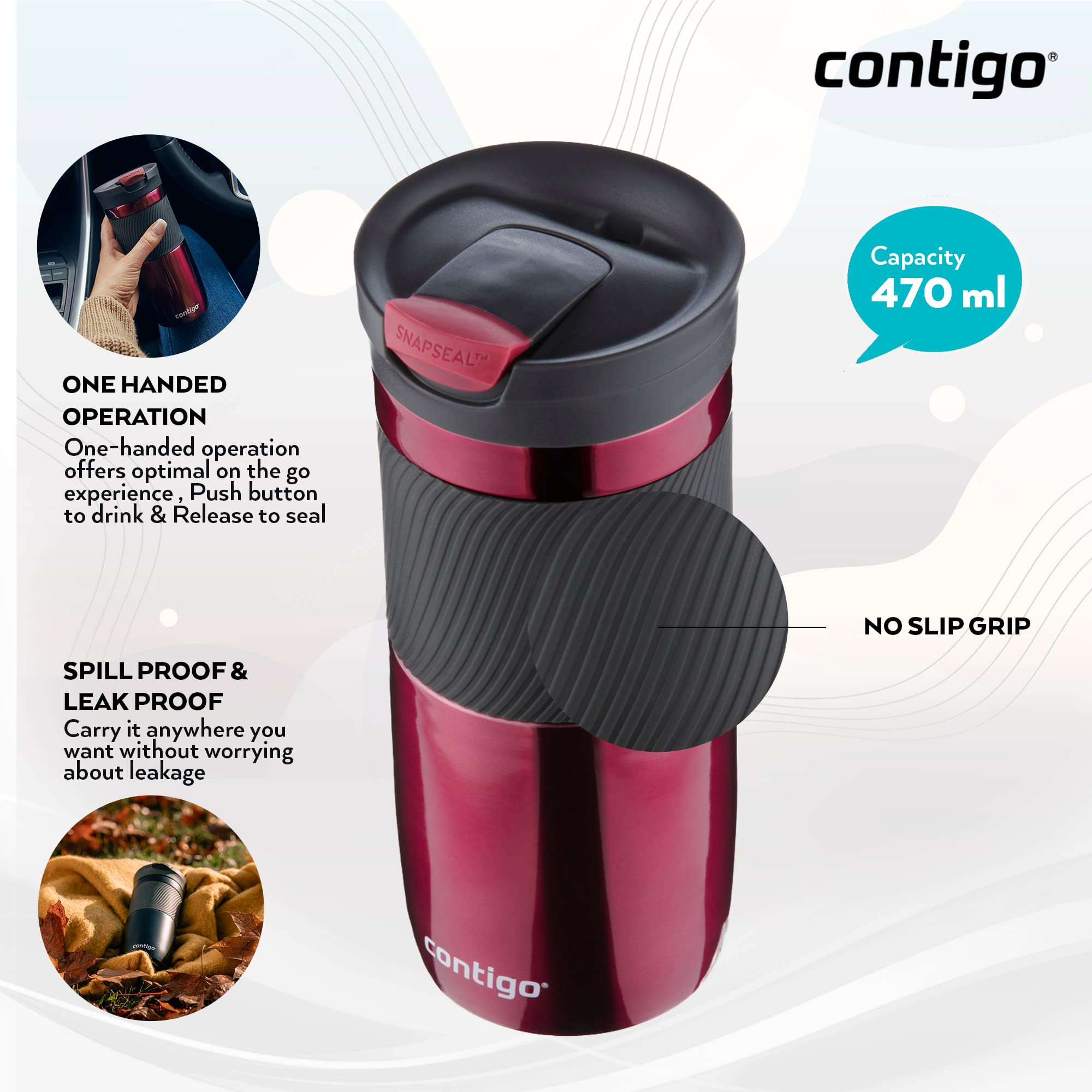 Contigo Byron Snapseal 720 ml mug ideal for long trips with leak-proof performance.