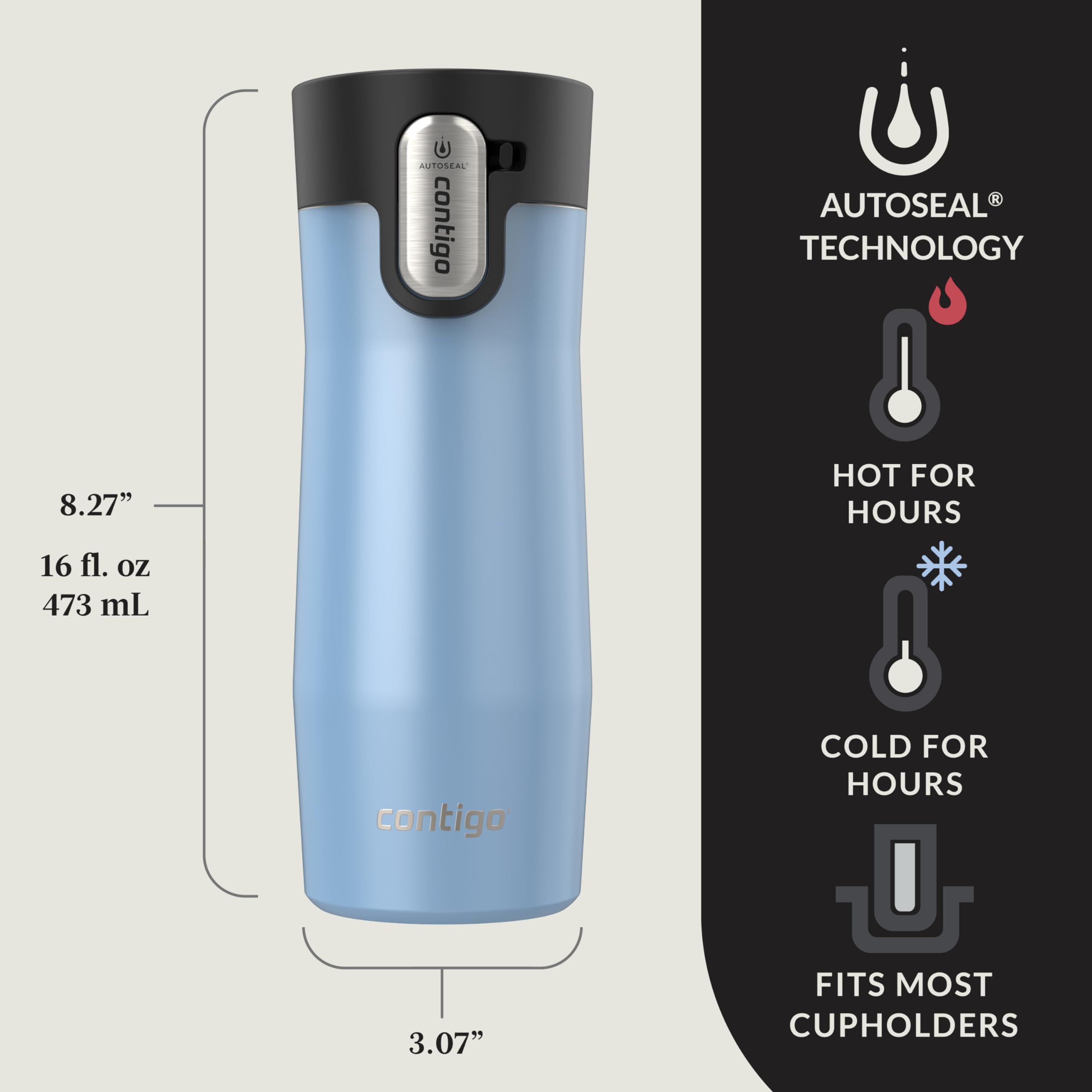 Contigo West Loop 16oz mug with Thermalock insulation for hot or cold drinks.