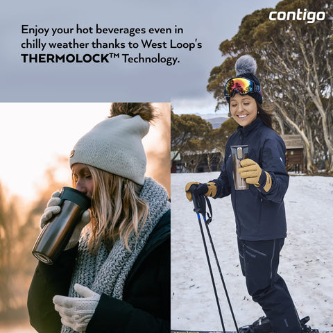 Contigo West Loop Autoseal insulated stainless steel body keeps beverages hotter or colder longer.