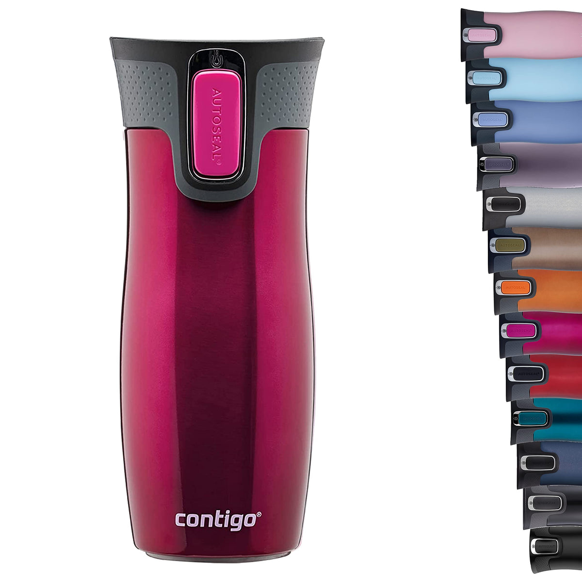 Contigo West Loop Raspberry mug front view, leakproof and one-handed use.