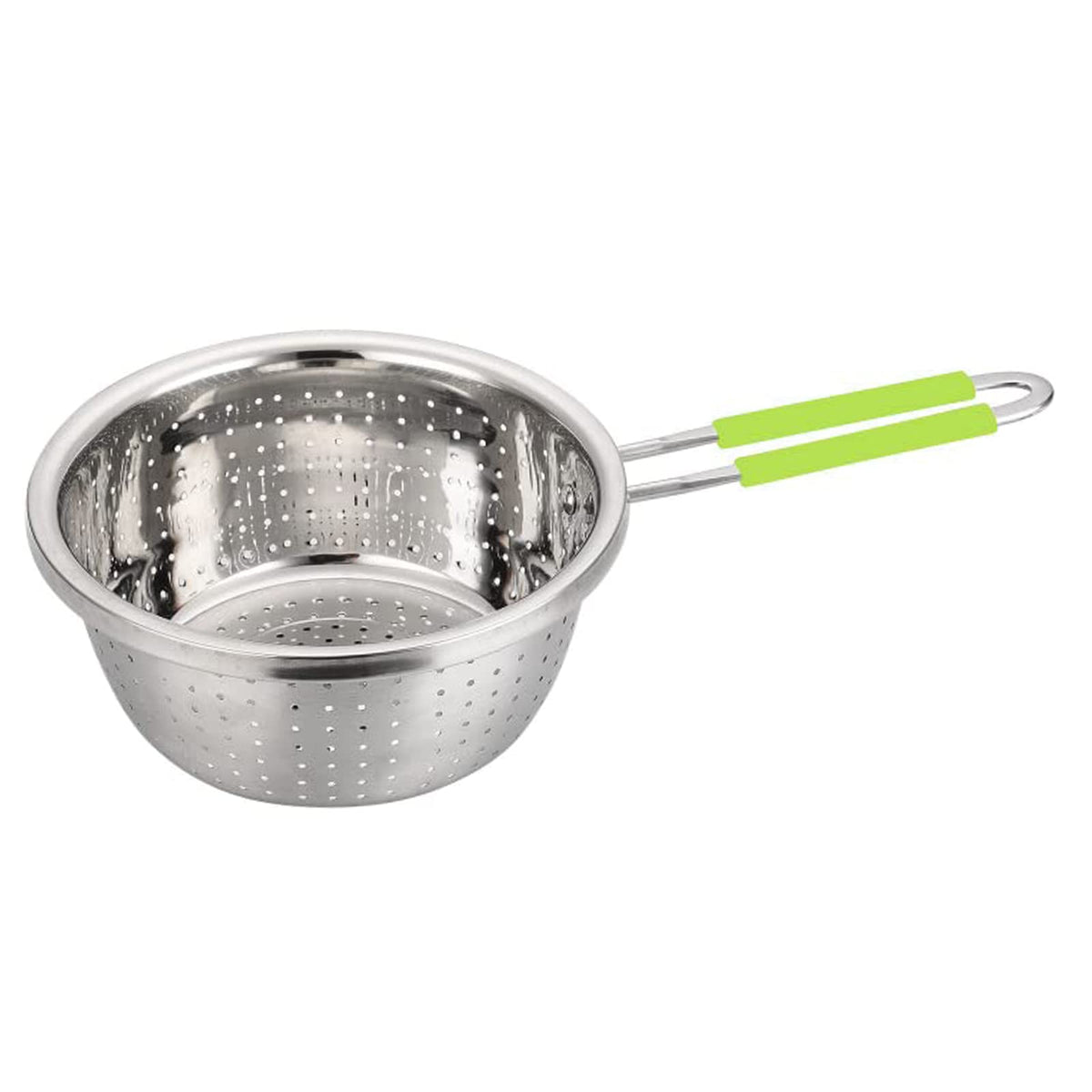 Contiup stainless steel colander with long green handle for secure rinsing and draining