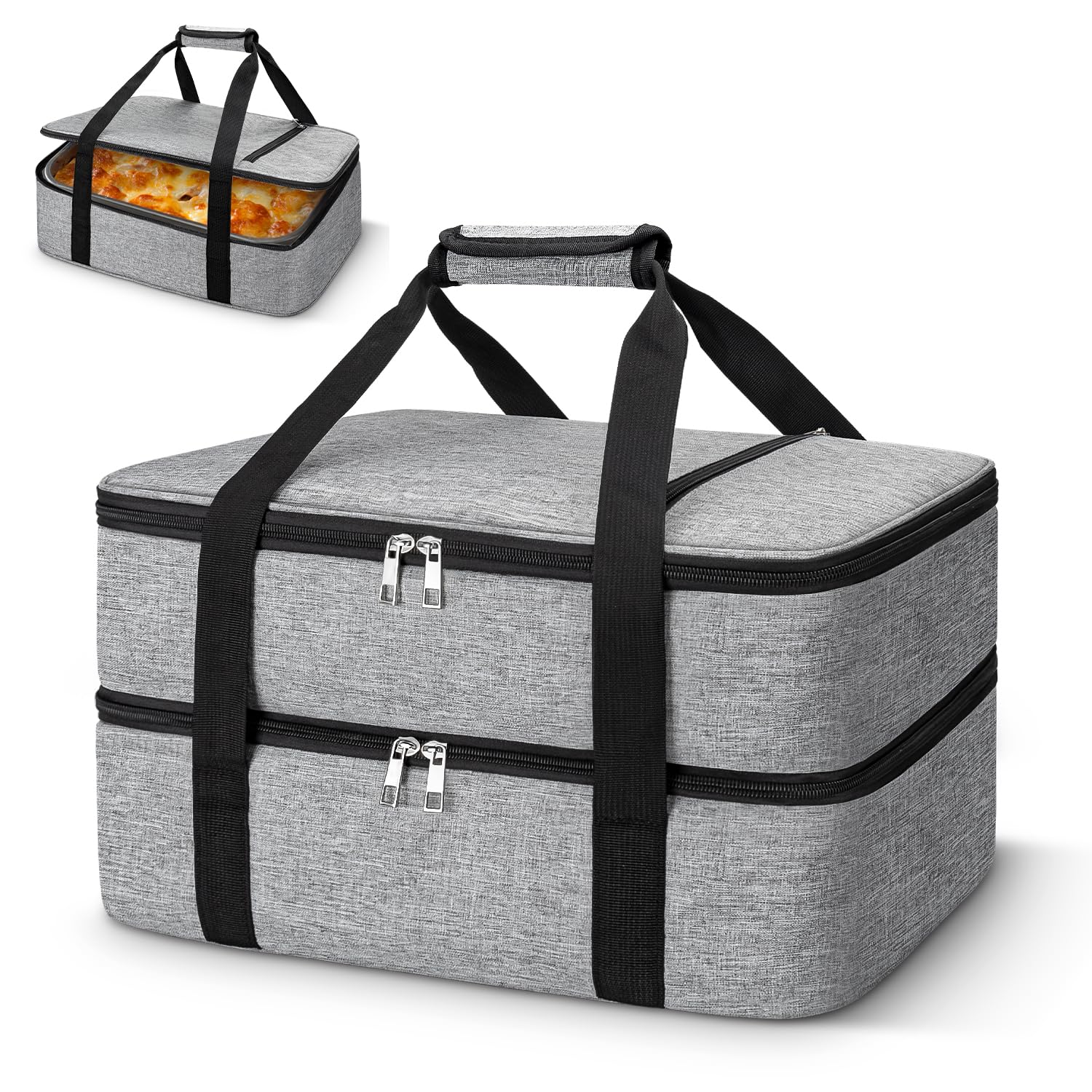 Coobiiya double decker casserole carrier front view showing spacious capacity for hot and cold meals.