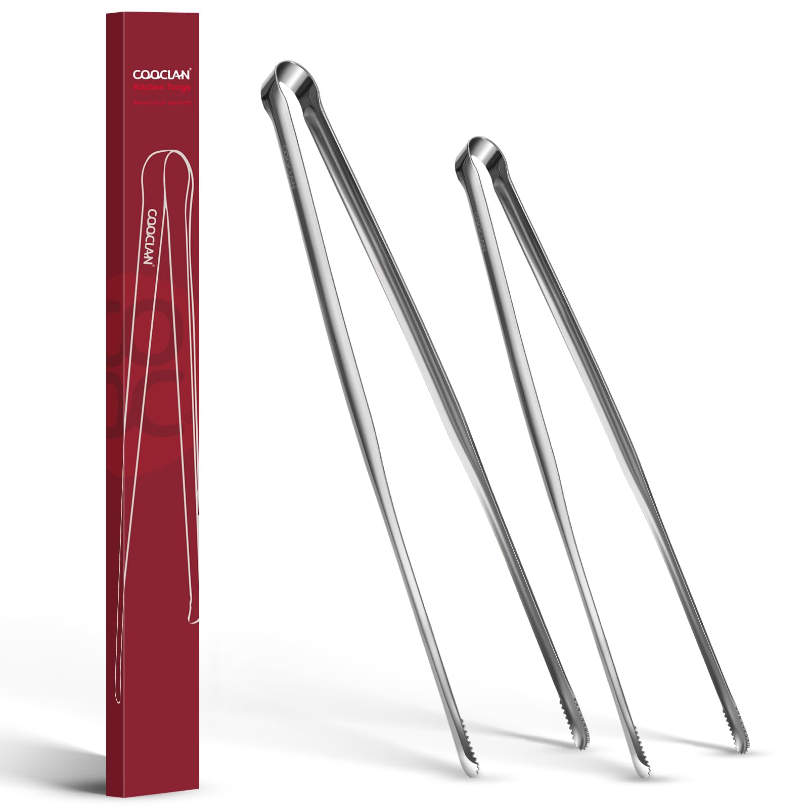 COOCLAN precision serrated tips tongs close-up gripping small foods securely.